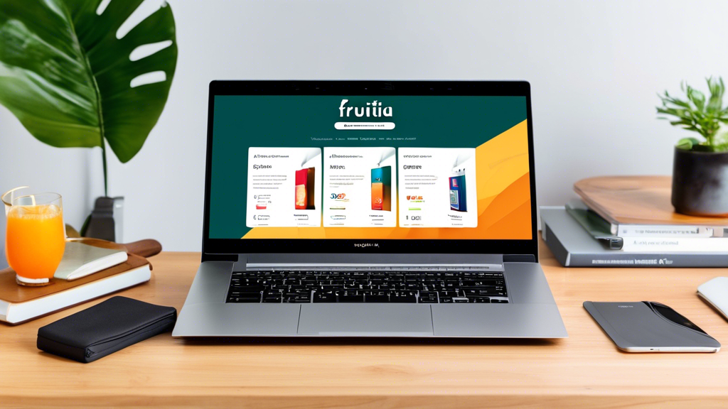 Laptop displaying Fruitia vape products online shopping page on desk with accessories.