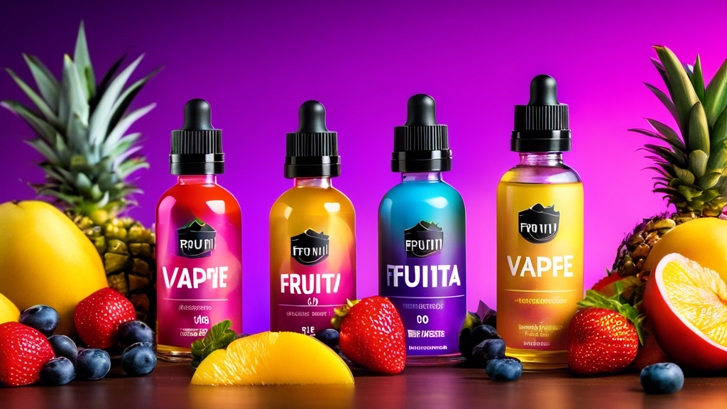 Colorful vape juice bottles with fruit flavors against a vibrant purple background.