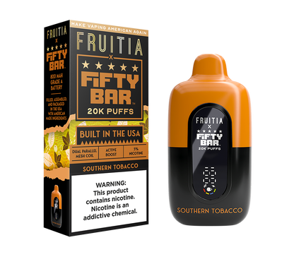 Southern Tobacco | Fruitia x Fifty Bar 20K Disposable | FRUITIA Southern Tobacco | Fruitia x Fifty Bar 20K Disposable | FRUITIA